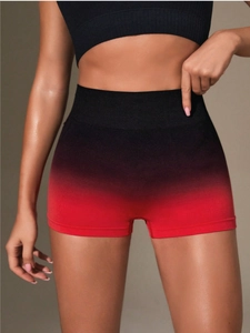 Detail of gradient high waist yoga shorts showing seamless compression fabric and fit
