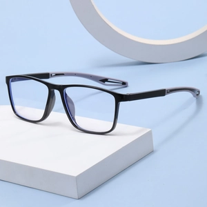 Occhiali sportivi neri quadrati anti-luce blu con stanghette ergonomiche in silicone