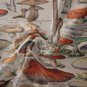 Macro shot of vintage mushroom botanical prints on bohemian fabric tapestry