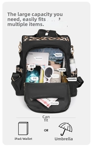 Spacious leopard print backpack interior showing storage for laptop, iPad and daily items