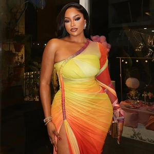 One-shoulder gradient mesh maxi dress with side ruching and high slit for parties