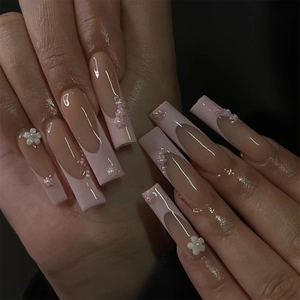 Long Coffin Press On Nails 3D White Flower Artificial Pearl Decor Pink French Tip Elegant Ins Style For Women Adhesive Tabs