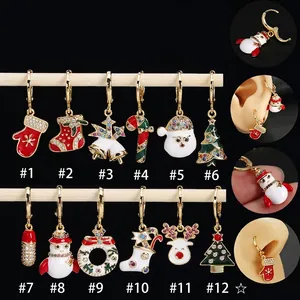 Christmas Hoop Drop Earrings Enamel Oil Dripping Copper Zirconia Inlay Santa Claus Reindeer Snowman Holiday Party Fashion