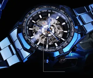 Detail shot of blue automatic mechanical watch with skeleton dial and tachymeter bezel
