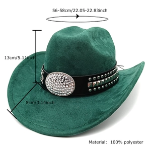 Classic green suede western cowboy hat with studded leather band and rhinestone buckle