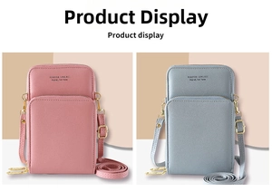 Dual-color vertical crossbody phone bags in pink and blue with multi-zipper compartments