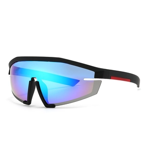 Oversized retro wrap-around sunglasses with matte black frame and blue-purple lenses