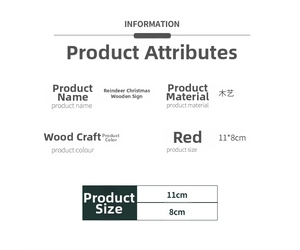 Detailed specs for red wooden deer ornament with bell, measuring 11x8cm for Christmas tree