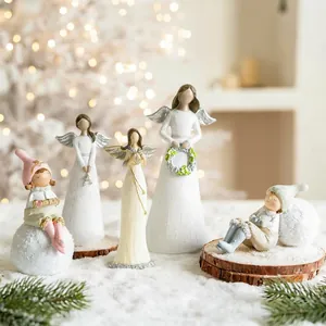 Resin Angel Figurines And Winter Girl Boy Statues Hand Painted Faceless Sculpted Ornaments Desktop Christmas Holiday Decor