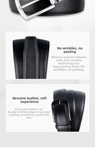 Detailed view of black grain leather belt showing silver alloy buckle and double stitching