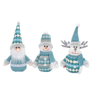 Three-piece set of blue Christmas knit dolls featuring Santa, snowman and reindeer