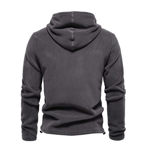 Back view of dark grey men's polar fleece sweatshirt with adjustable drawstring hem