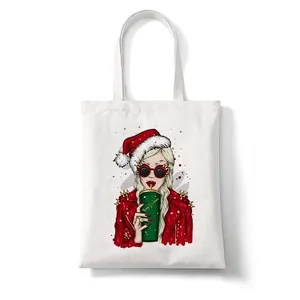 Merry Christmas canvas tote bag featuring a stylish fashion illustration with red accents