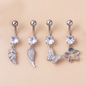Belly Button Ring Stainless Steel Piercing Jewelry With Zircon Leaf Wing Butterfly Flower Pendant For Women
