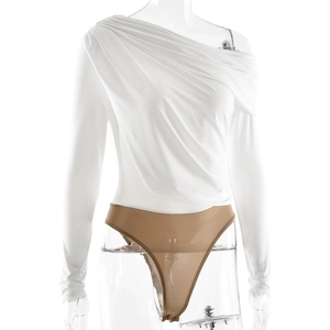Detail of white off-shoulder long sleeve bodysuit with khaki high waist bottom design