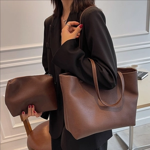 Minimalist dark brown tote bag and pouch set with litchi texture in premium synthetic leather