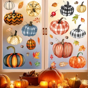 Cozy autumn window clings featuring pumpkins and maple leaves for festive home decoration