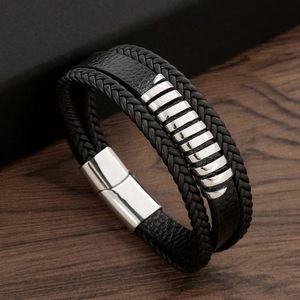Men Multi Layer Braided Leather Bracelet With Stainless Steel Magnetic Buckle Vintage Fashion Jewelry Hand Accessory Black