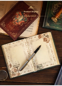 Close-up of vintage notebook pages featuring gold stamping and retro rose illustrations