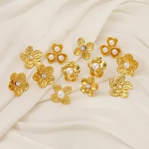 Flower Stud Earrings 18K Gold Plated Stainless Steel With Artificial Pearl Zircon Elegant Vintage Jewelry For Women
