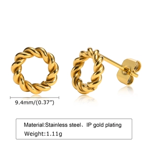 Detail showing 9.4mm IP gold plated stainless steel twist hoop earrings with dimensions