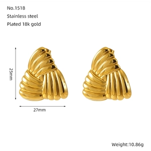 Detail view of 18k gold plated stainless steel square textured earrings with size dimensions
