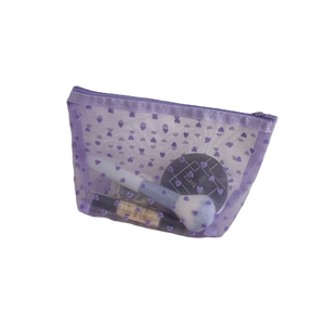 Purple mesh heart makeup bag with flocked pattern and zipper closure for storage
