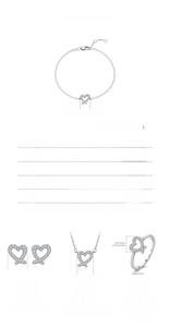 Detailed size chart for S925 sterling silver heart necklace, bracelet, earrings, and ring set
