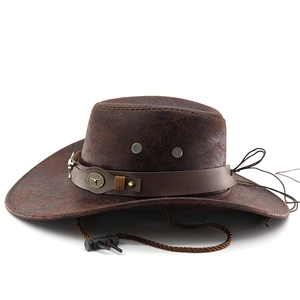 Detail of dark brown western cowboy hat with vintage bull head emblem and metal rivets