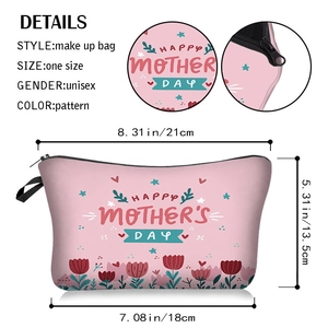 Detailed view of pink Mother's Day makeup bag showing dimensions and printed floral pattern