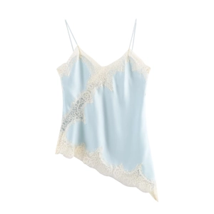 Satin Cami Top Damen Spitze Patchwork V-Ausschnitt Asymmetrischer Saum Sexy Lingerie Stil Ärmellos Einfarbig Streetwear