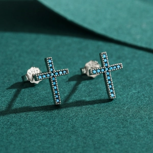 Vintage S925 sterling silver cross earrings with synthetic turquoise micro-pave setting