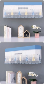 Detailed close-up of blue lace floral air conditioner cover with cute bunny embroidery