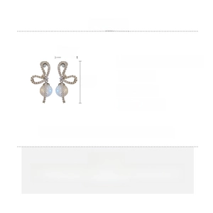 Detailed spec sheet for bow-knot pearl earrings featuring silver zircon and copper inlay