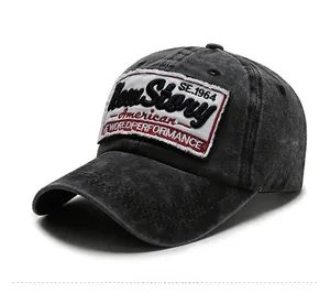 Close-up of vintage washed cotton baseball cap with American embroidery and 49 patch