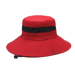 Red breathable outdoor sun hat with wide brim and Outdoors embroidery for fishing and hiking