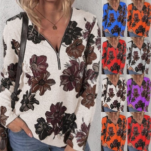 Dames Casual Polyester Top met Bloemenprint Lange Mouw V-Hals Rits Pullover Los T-Shirt Vintage Bloemenpatroon Graphic Top voor Dames