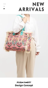 Detail of bohemian tote bag featuring ethnic geometric patterns and cream fringe trim