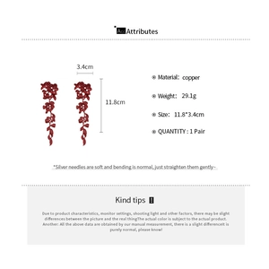 Detailed technical spec sheet of dark red floral drop earrings made of copper and silver