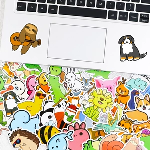 Variety pack of cute animal stickers featuring sloths and dogs on a white laptop