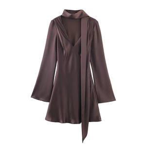 Elegant deep brown satin mini dress with flared sleeves and stylish neck tie detail