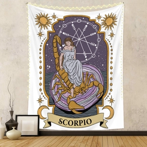 Zodiac Constellation Tapestry Polyester Mystical Tarot Retro Illustration Wall Hanging For Bedroom Living Room Bohemian Decor