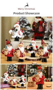 Detail of assorted plush Santa Claus dolls with festive plaid outfits and holiday ornaments