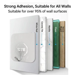 Transparent strong adhesive wall hooks shown on tile, glass, marble, and wood surfaces