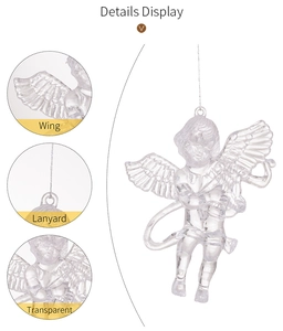Macro details of transparent acrylic angel ornament showing wing texture and hanging lanyard