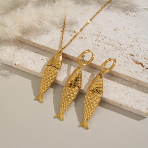 Koi Fish Necklace And Earrings Stainless Steel Zircon Inlaid Animal Shape Gold Fashion Vacation Jewelry For Women