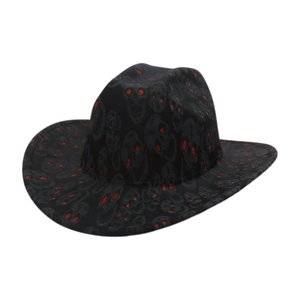 Western cowboy hat in black felt featuring grey skull prints and red sequin eye details