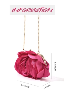 Detailed dimensions of a rose pink satin 3D floral clutch bag with gold chain strap