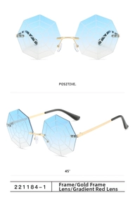 Detailed view of rimless octagonal sunglasses with laser-engraved spider web lens pattern
