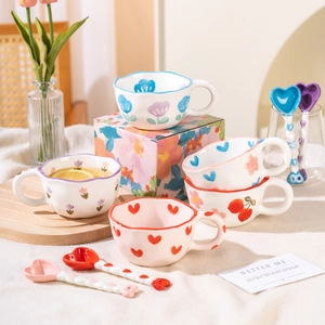 Ceramic Mug And Heart Spoon Irregular Wave Rim Hand Painted Floral Heart Pattern Ins Style Cute Drinkware Coffee Cup